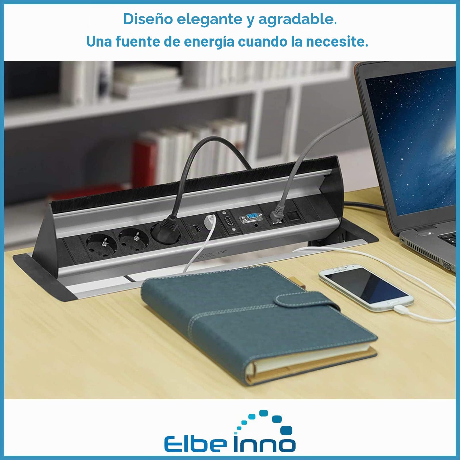 ELBE EL4403A, Regleta multienchufe de aluminio con escobilla y cable de conexión de 1.5 m, negro y gris