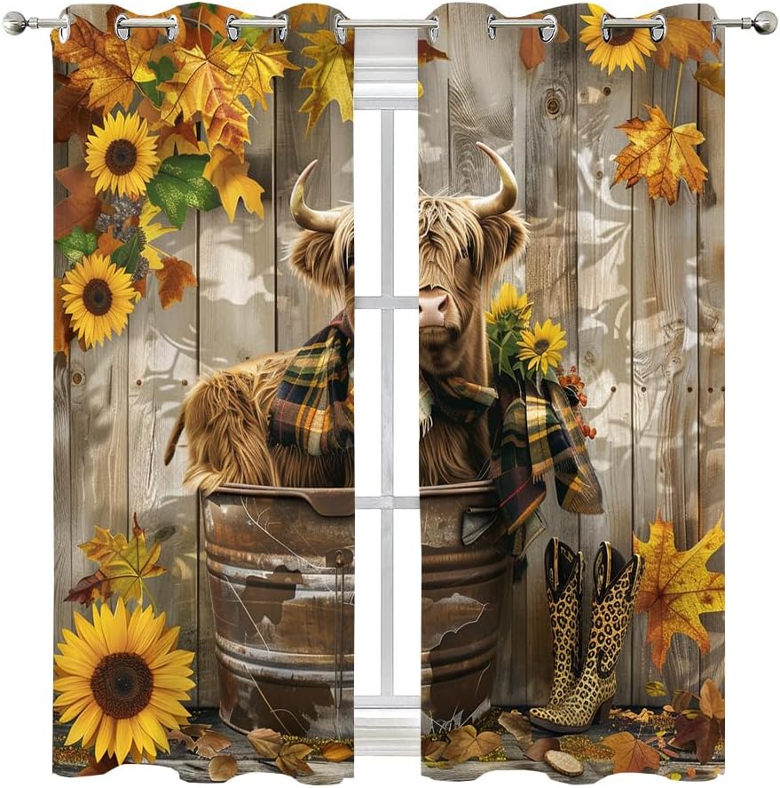 Brebasf Watercolor Rustic Highland Cow Blackout Curtains for Bedroom Room,Vintage Farmhouse Wooden Sunflower Cowboy Boots Highland Cow Darkening Thermal Grommet Window Drapes 2 Panels 63"L x 21"W