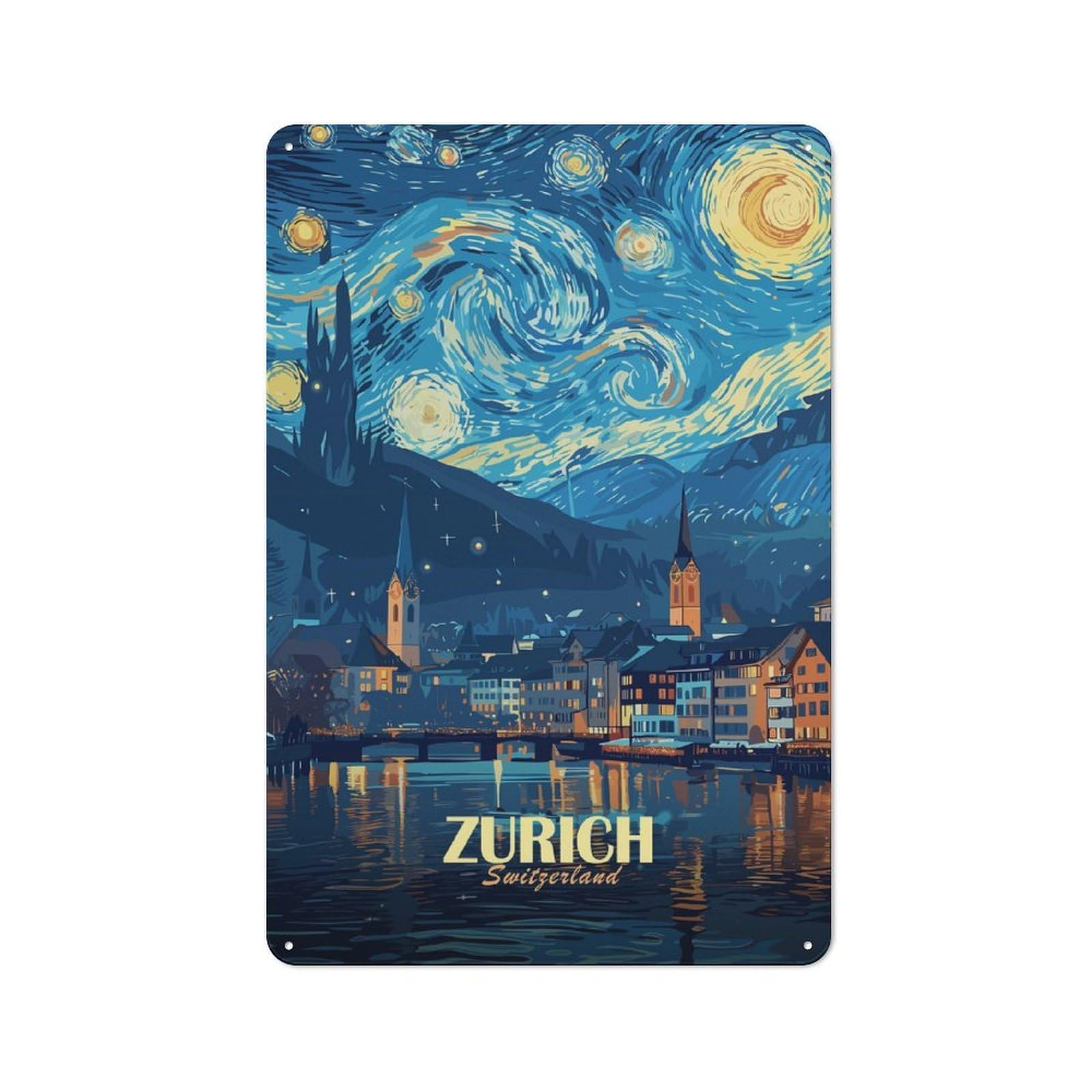 Junmoney Style-6 Classic Zurich, Switzerland, Starry Night Style Metal Wall Art Sign 30X20cm, Vintage Wall Decor For Lounge, Study, Pub Or Wall Gallery