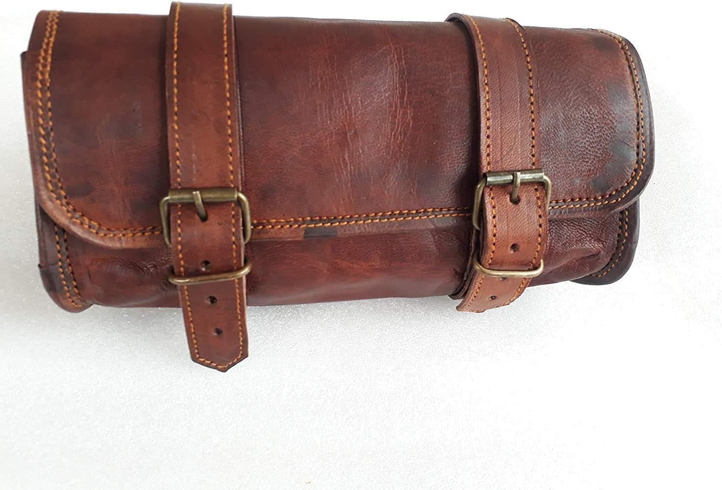 Motorcycle Genuine Goat Leather 2 Strap Buckle Closure Tool Harley Brown Bag Quick Release Clasp Reinforced for Handlebars,Forks, Sissy Bar Swing arm Motorcycle Tool roll Bag 10"