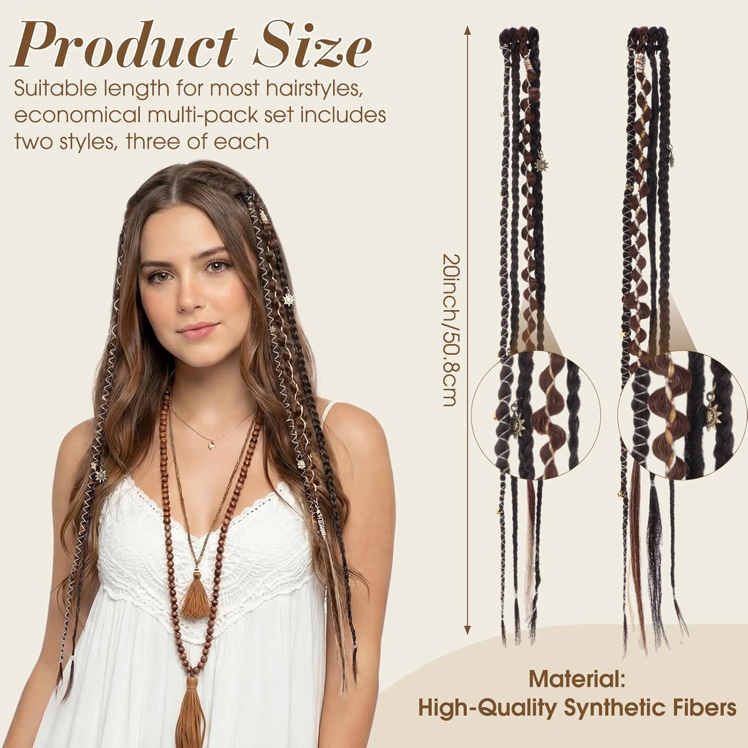 Thiccywoov 6 Pcs 20 Inch Synthetic Dreadlock Extensions Dark Brown Mix Boho Dreadlock Clip in Braids with Beads and Charms Braid Hair Extensions for Woman Cosplay Daily Styling Music Festival