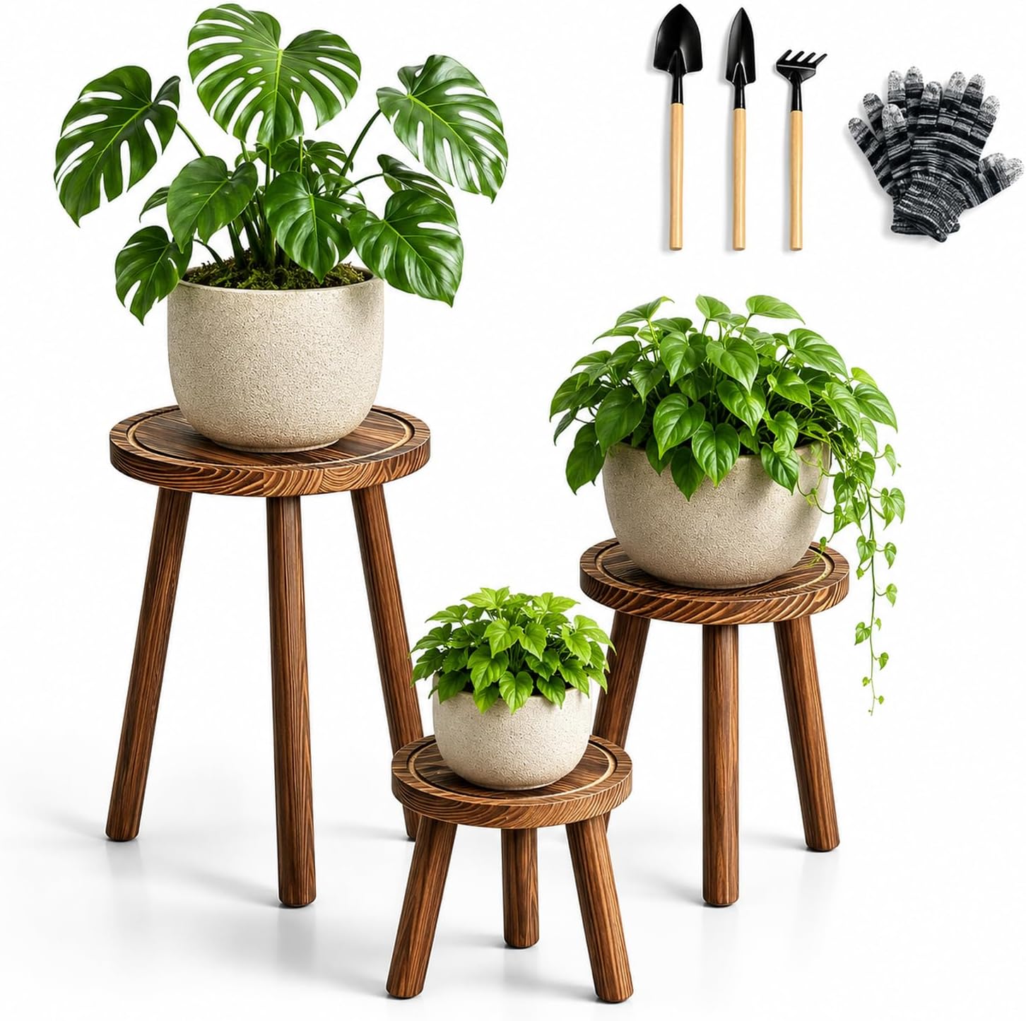 3-Pack Wood Plant Stands Indoor, Single Holders for 6-12 Inch Pots