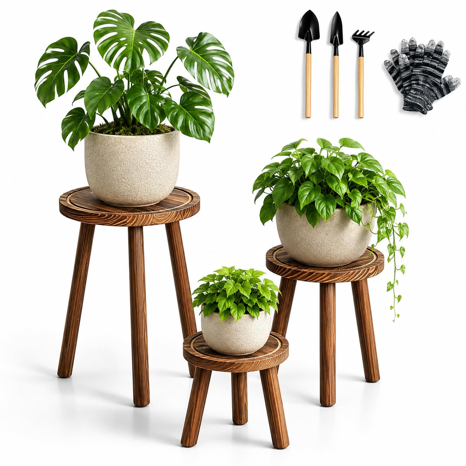 View 1 of [missing 1 stand] AMVAQKER Wood Plant Stands (3-Pack)
