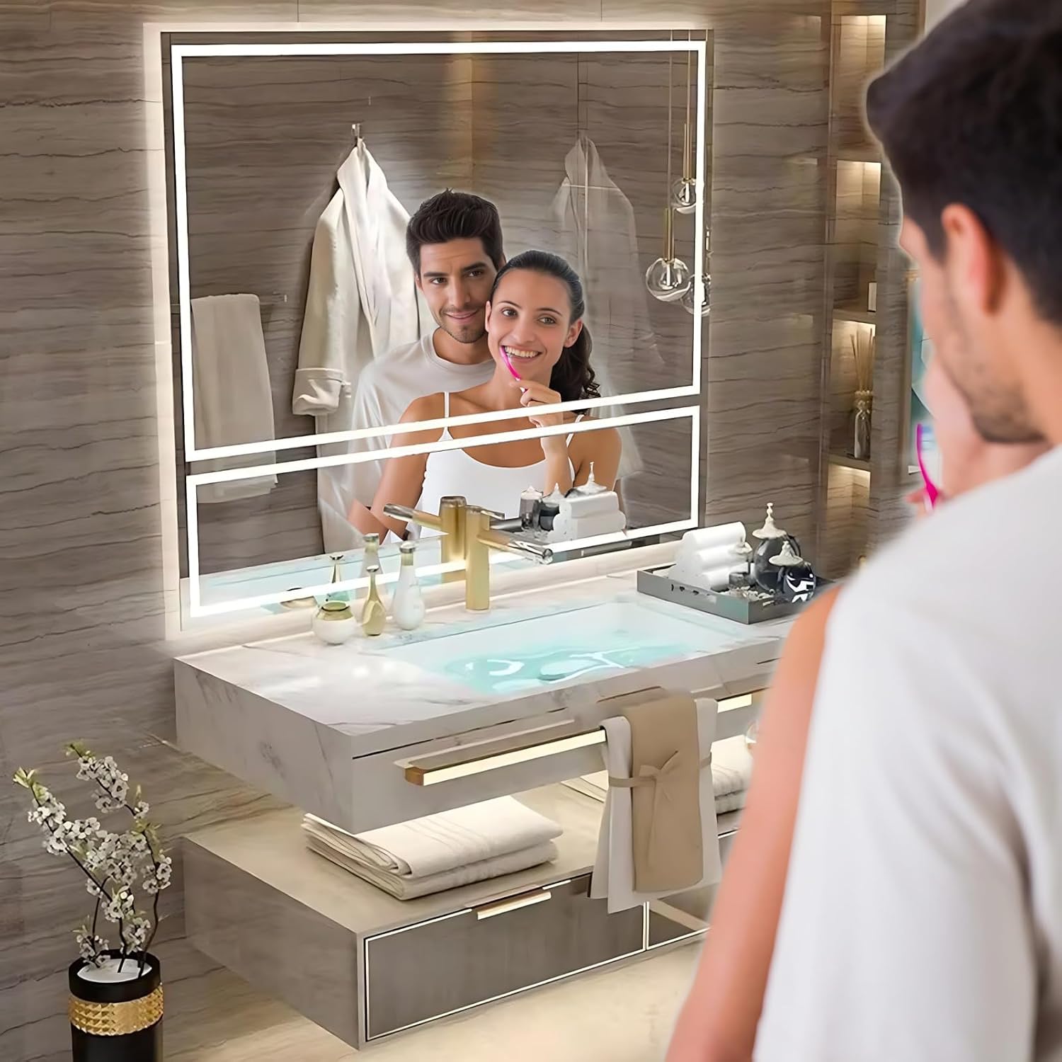 Bathroom Vanity with Sink - Modern Single/Double Sink Floating Bathroom Vanity Cabinet with LED Defog Mirror Set, Faucet Accessories Included (Single Sink,40")