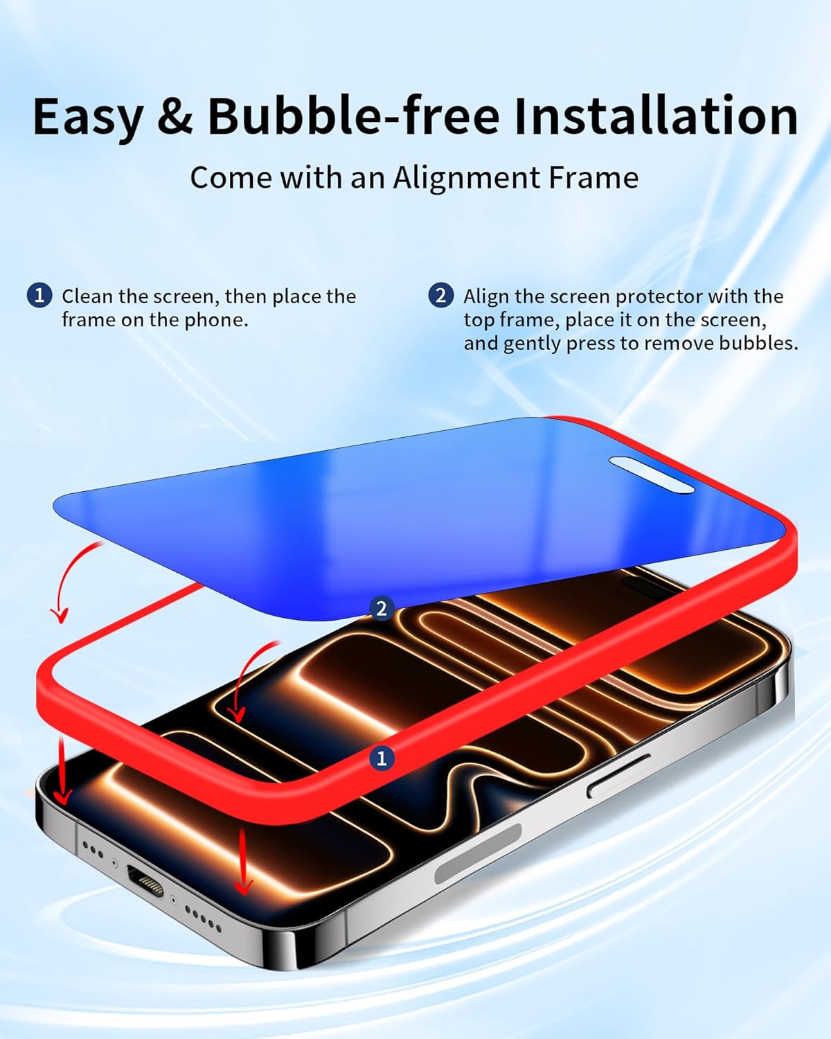 2 Pack Privacy Screen Protector for iPhone 17 Pro Gradient Colorful for iPhone17 Pro Tempered Glass Anti-Spy Full Coverage Easy Installation Frame Anti-Scratch (6.3 inch Blue) - Image 6