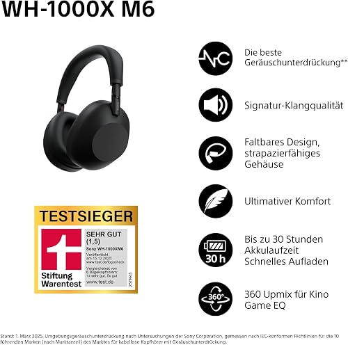 Sony WH-1000XM6 Casque sans-Fil Bluetooth à réduction de Bruit Noir, Son Hi-Res Unique, Confortable, Conception Pliable, Etui résistant, 30h Autonomie, iOS & Android - Noir - 2