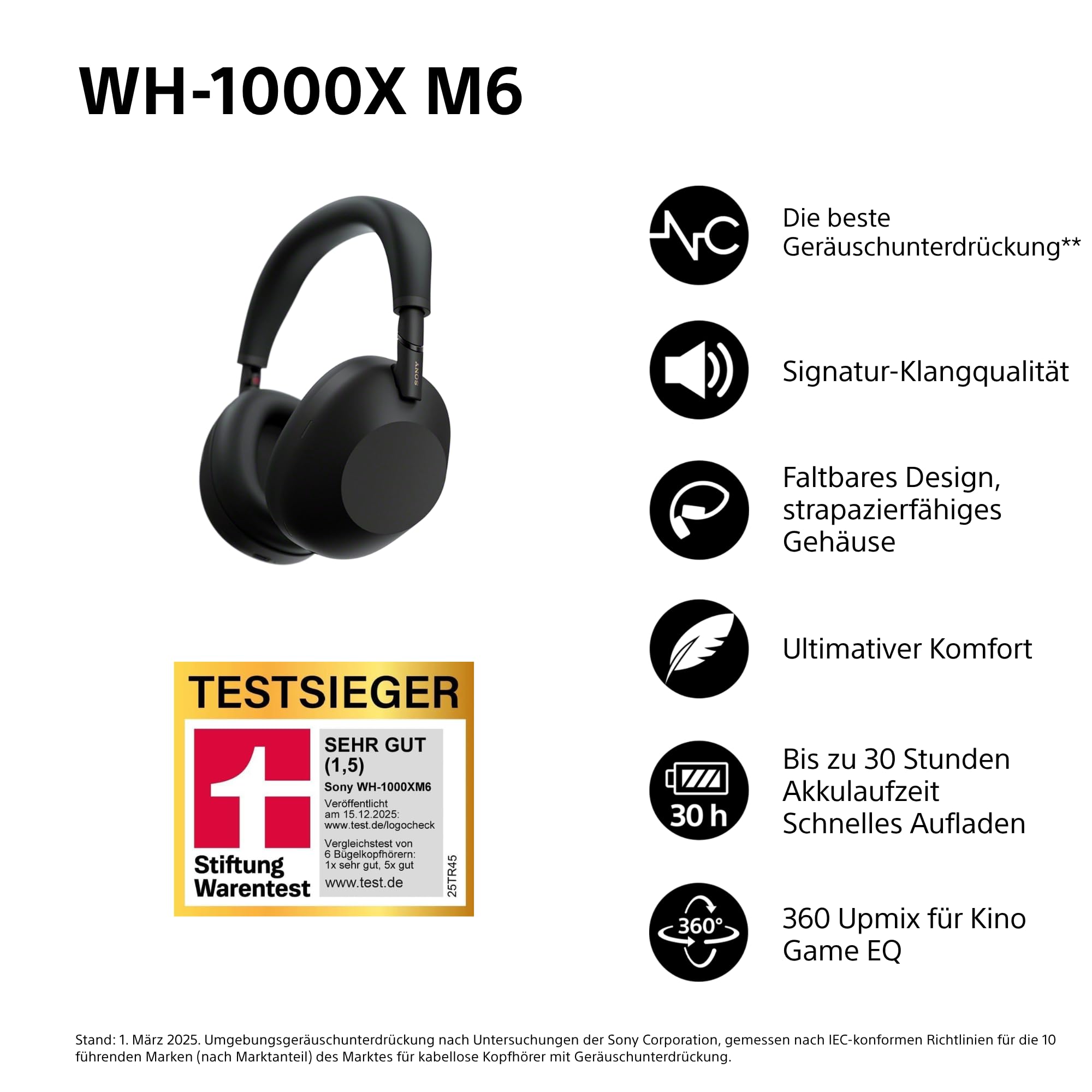 Sony WH-1000XM6 kabellose Noise Cancelling-Kopfhörer, Signature Hi-Res Sound, Bluetooth-Kopfhörer, Komfort, faltbares Design, magnetische Tragetasche, 30 Std.-Akku NC An, iOS & Android - Schwarz