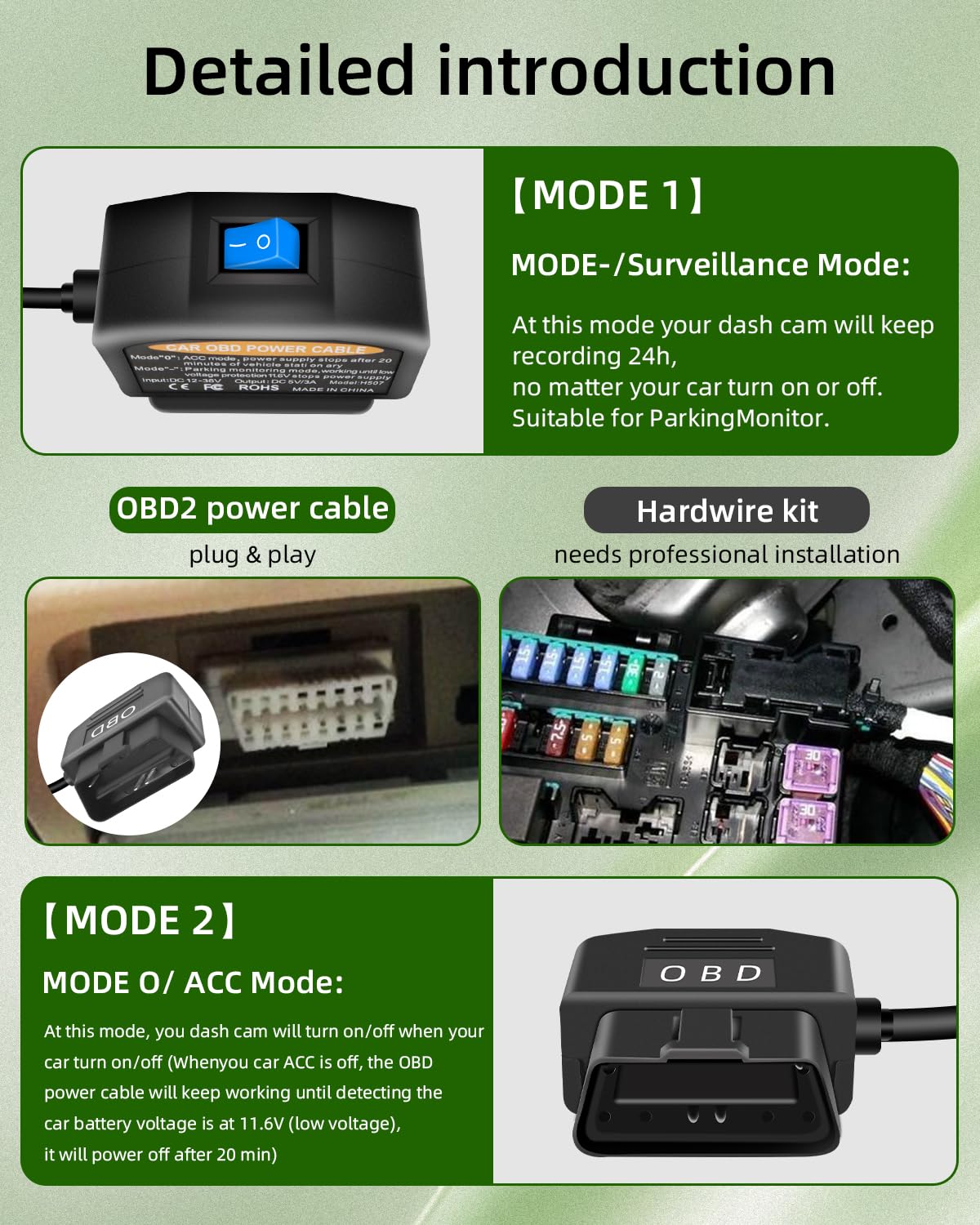 Cavo Di Alimentazione OBD2 A USB Tipo C Per Dash Cam - Adattatore Con 2 Modalità (ACC/24h) E Protezione Bassa Tensione
