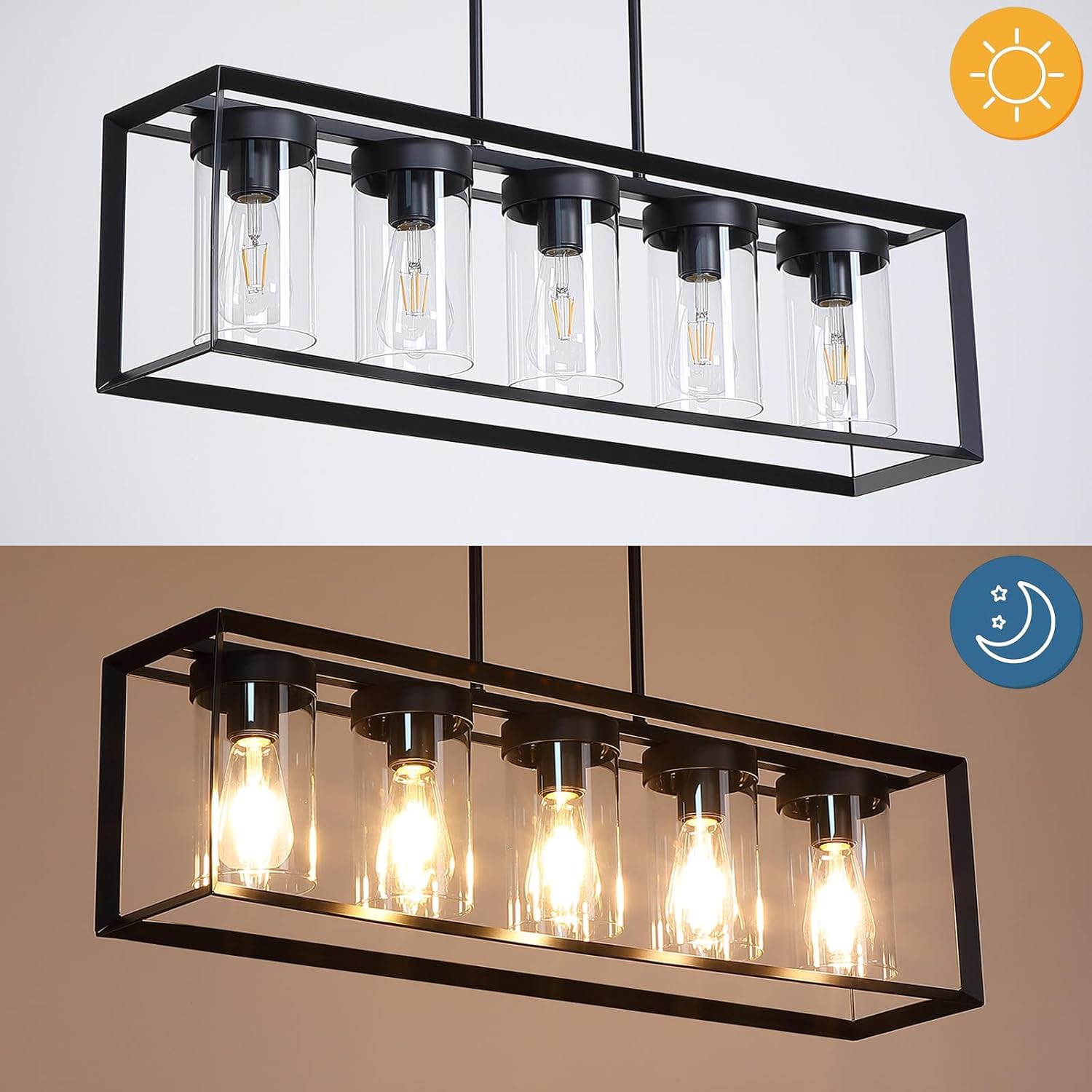 Modern 5-Light Black Rectangular Farmhouse Chandeliers, Linear Dining Room Light Fixture with Clear Glass Shades, Kitchen Island Lighting Fixtures over Table Ceiling Hanging Pendant Lights