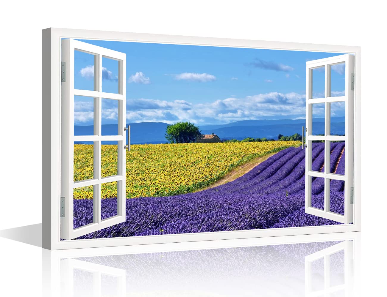 TISHIRON Lavender Flowers View 3D Window Effect Canvas Art Provence Modern Art Rustic Scenic Artwork Canvas Prints for Living Room Bedroom Office Posters Prints Framed Ready to Hang