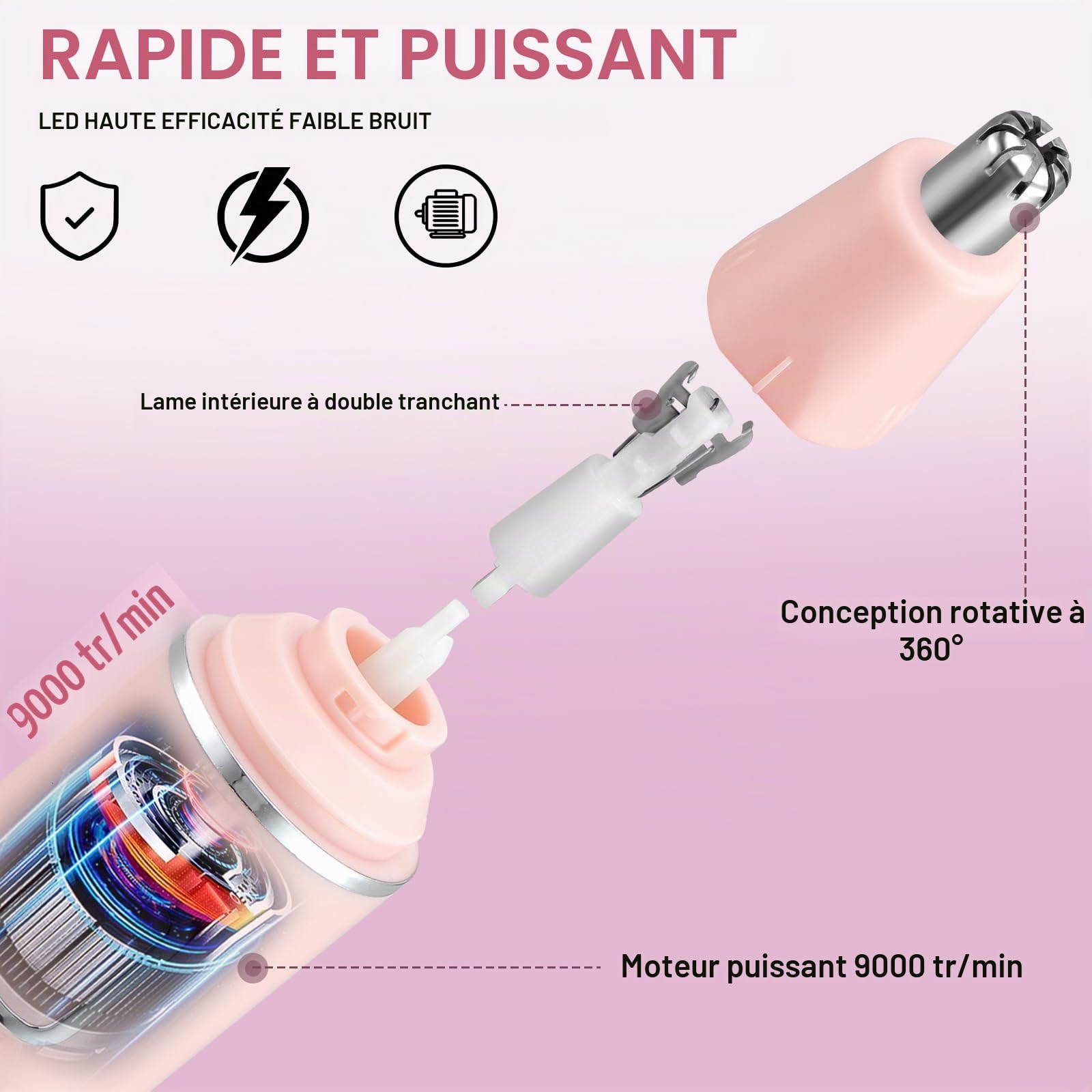 Tondeuse Indolore pour Femmes, Rechargeable 2024 Upgrade, Tondeuse Nez Cheveux, IPX7 Étanche Moteur Puissant, Nettoyage Facile, Rose