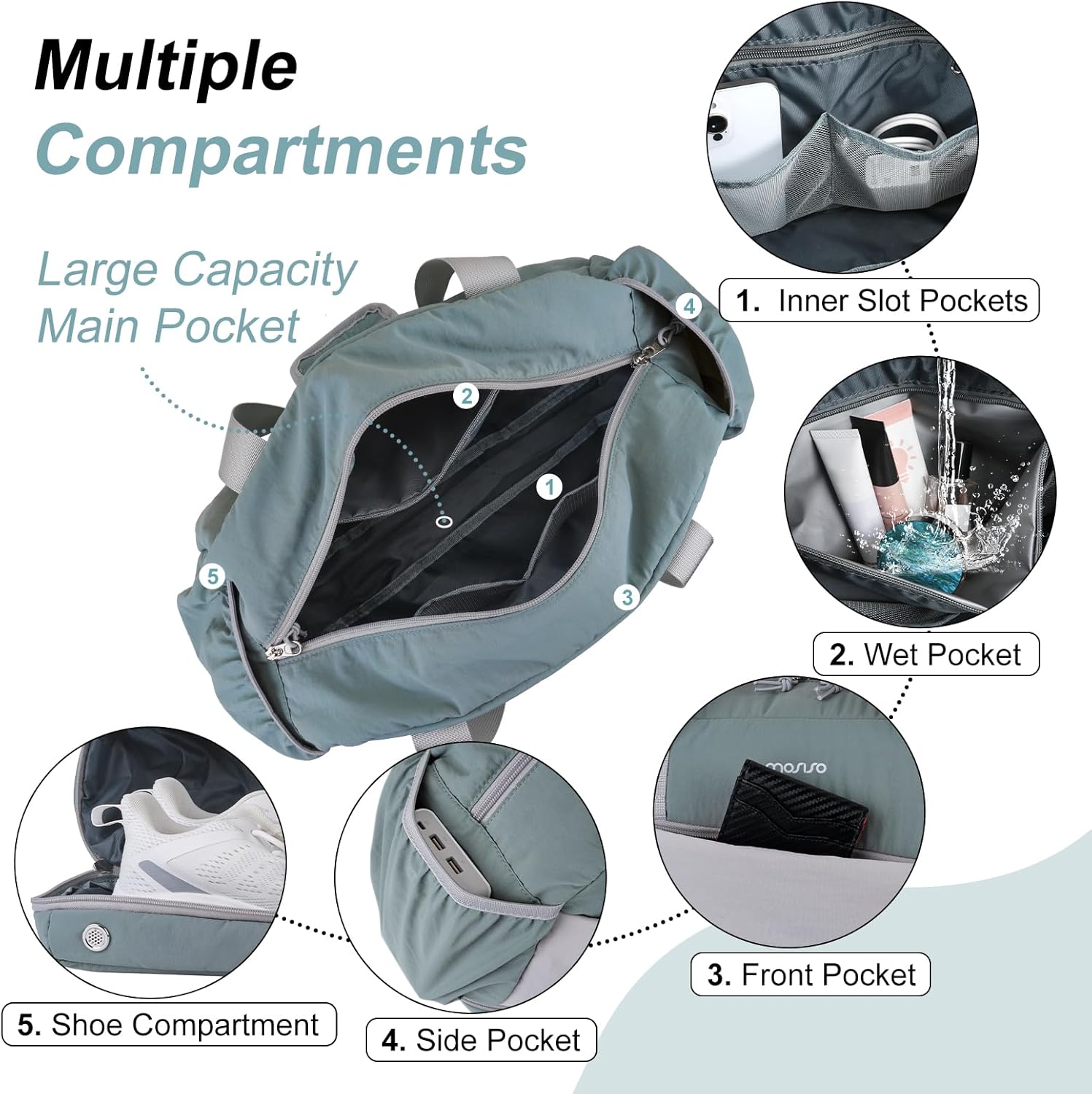 MOSISO Small Gym Bag for Women, Travel Duffle Carry On Weekender Bag with Shoe Compartment&Front Pocket for Travel, Sports, Fitness, Yoga, Green