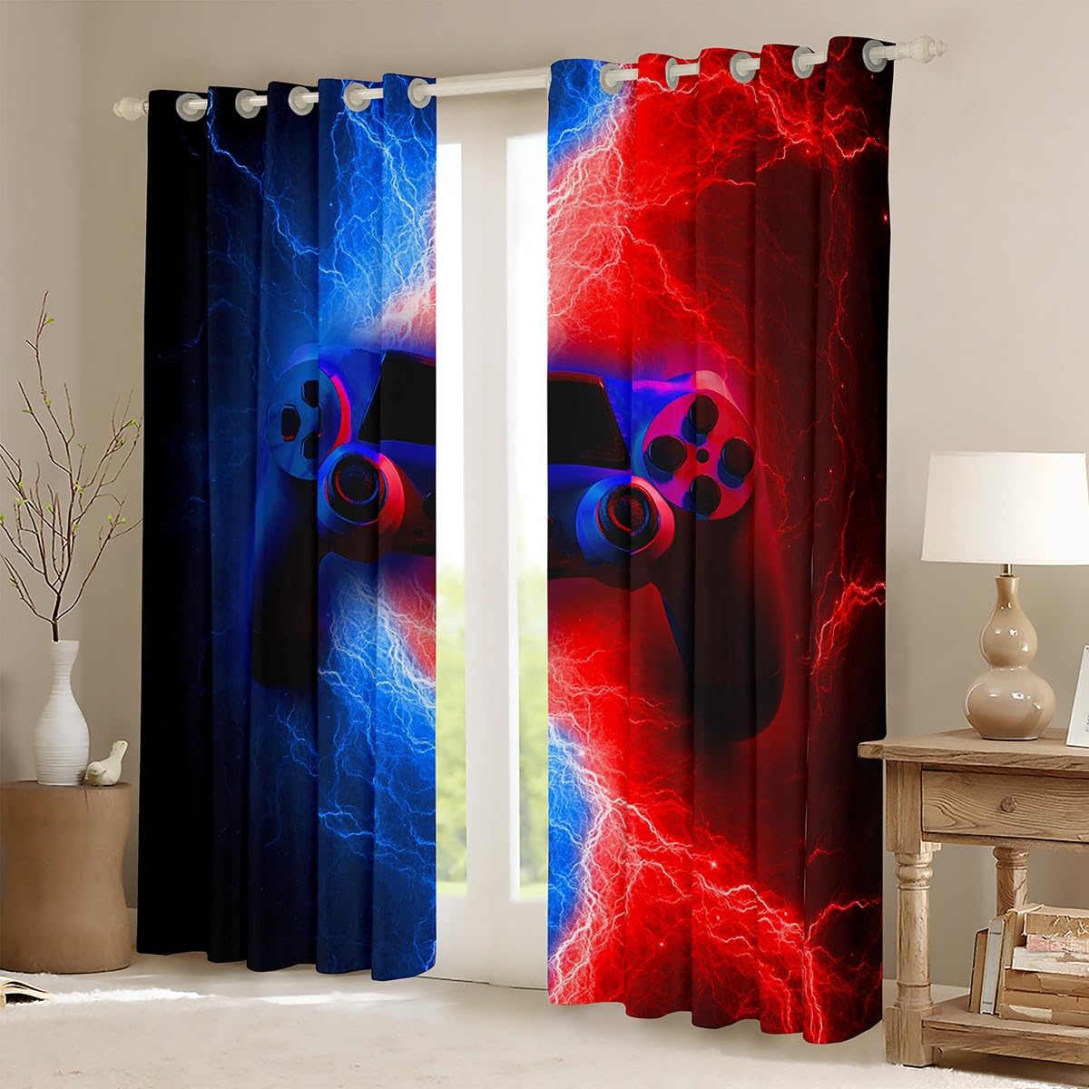 Homewish Kids Teen Boys Gamer Gaming Curtains for Bedroom Lightnings Gamepad Window Curtain Modern Video Games Blackout Curtains for Living Room Curtains & Drapes Home Decor (2 Panels) 46" Wx72 L - Image 2