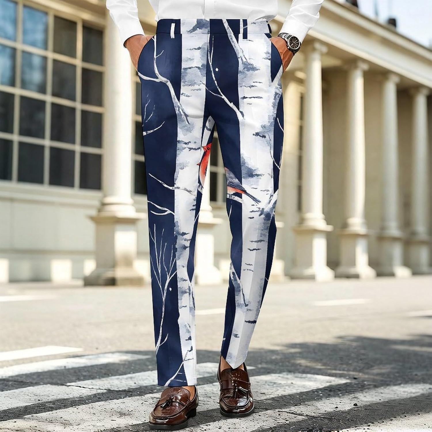 Birch Forests Cardinal Birds Men's Classic Fit Suit Pants Straight Leg Design Printed Trousers