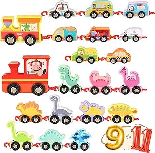 Wooden Train Set Dinosaur Train Toys, Educational Toys Train Set, Montessori Wooden Toys Train Sets for Kids, Wooden Digital Train Toy for Toddlers 1-5 Year, Wooden Cars Train Toy Gifts (20 Pcs)