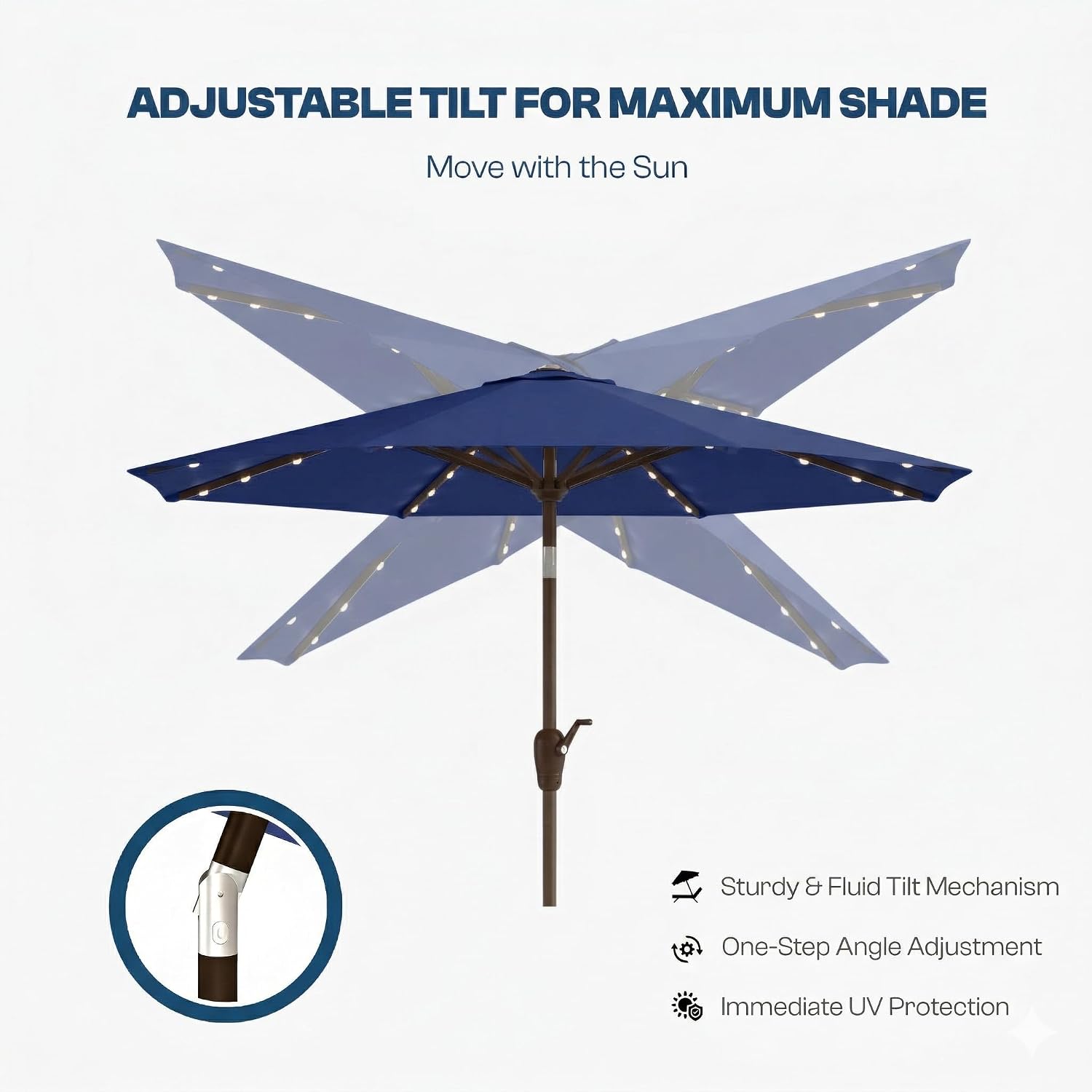 10FT Solar Patio Umbrella with Lights, Outdoor Table Market Umbrella with 32 LED Lights, 8 Sturdy Ribs, Push Button Tilt and Crank for Pool, Deck and Garden, UV-Resistant