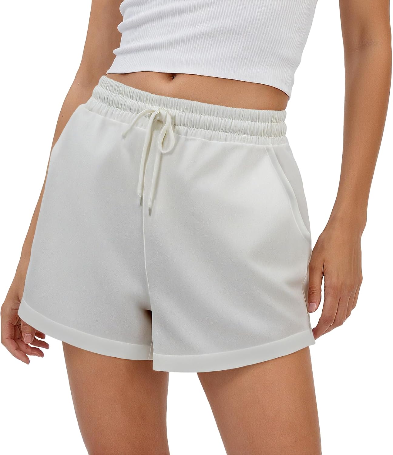 MARSVOVO Shorts for Women Summer Comfy Elastic Waist Drawstring Casual Beach Vacation Solid Color Short Pants with Pocket