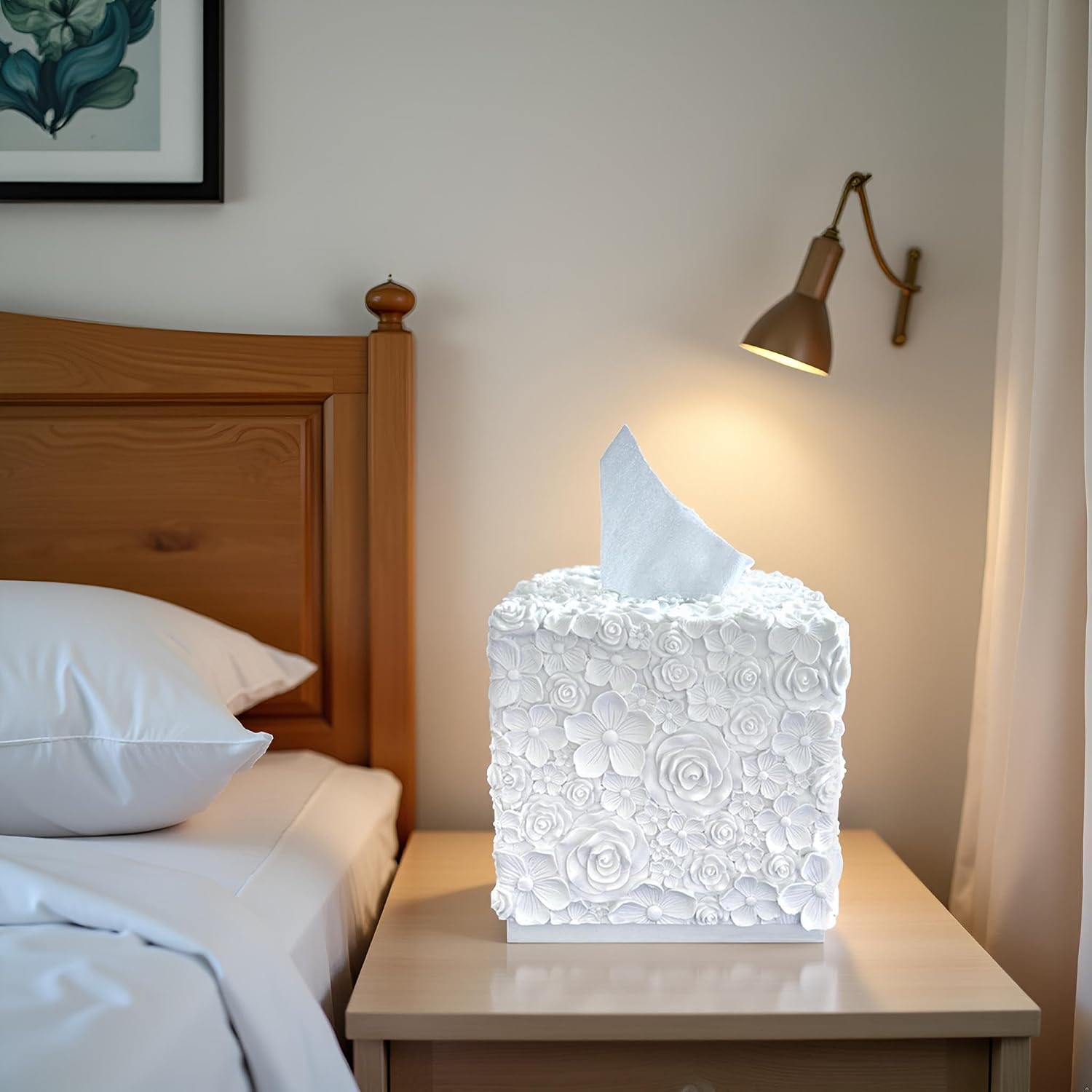 Square Tissue Box Cover Decorative Kleenex Box Holder for Bathroom & Living Room with Handcrafted Texture (Rose White) image 5