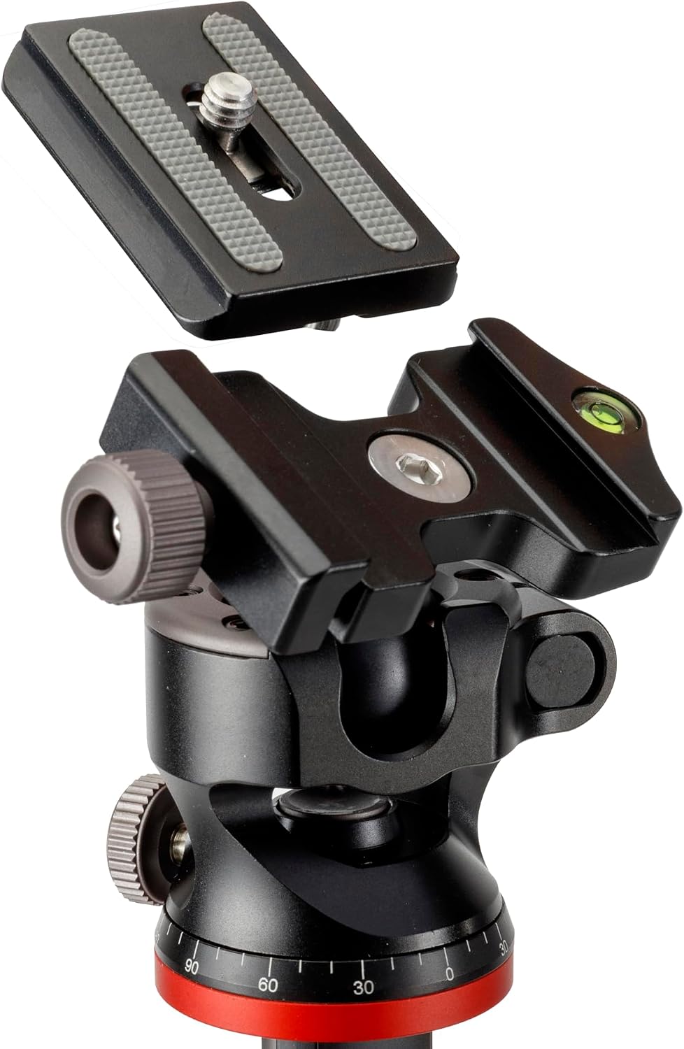 Close-up of Oben CQL-13 ball head with Arca-type quick release plate