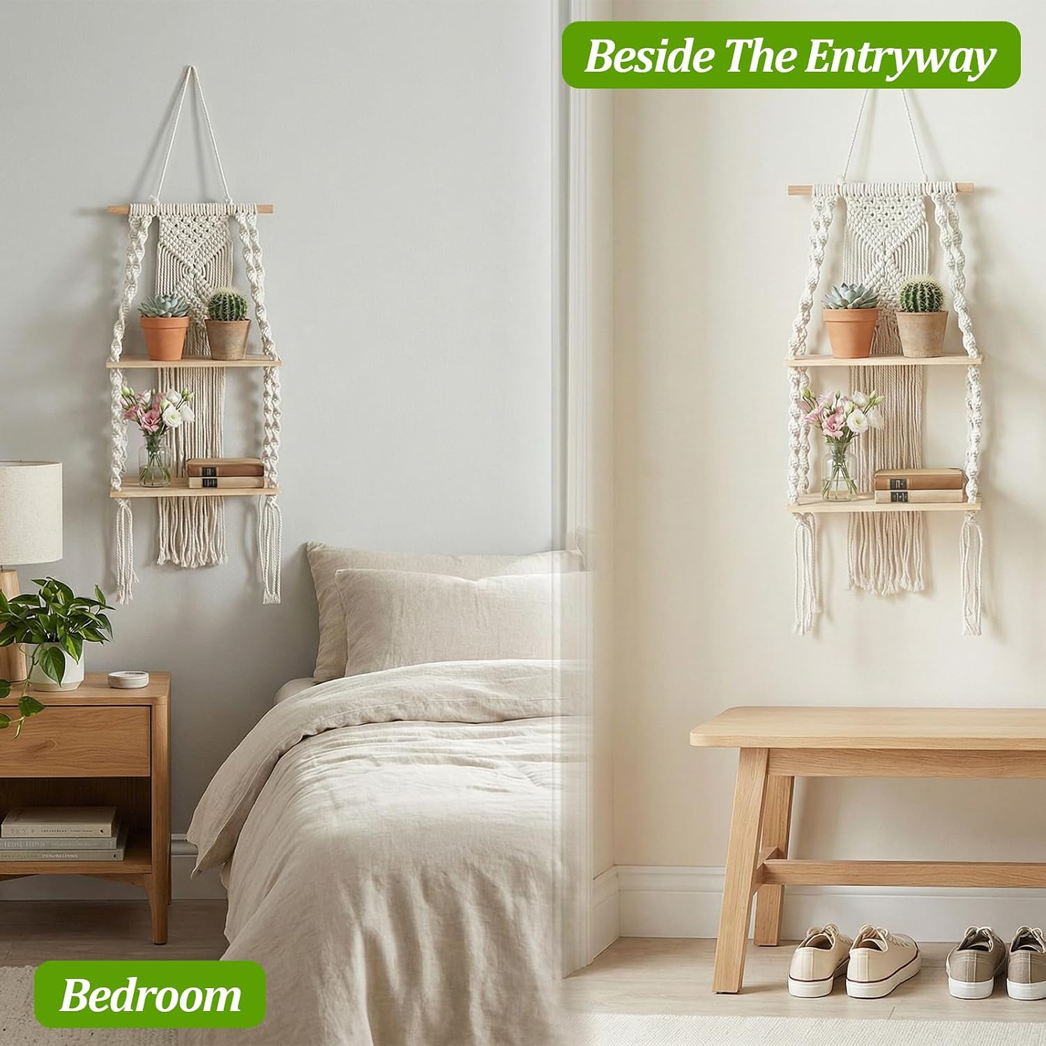 Handmade Macrame Wall Hanging Shelf 2 Tier, Boho Floating Woven Rope Decorative Storage Rack Organizer for Home Bedroom Bathroom Plants, Beige (Classic)