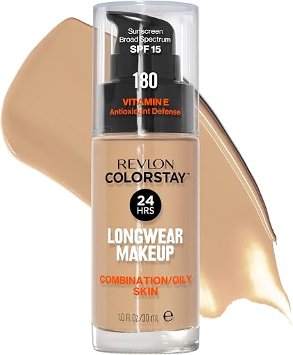 REVLON Liquid Foundation, ColorStay Face Makeup for Combination & Oily Skin, SPF 15, Medium-Full Coverage with Matte Finish, 180 Sand Beige, 1 Fl Oz