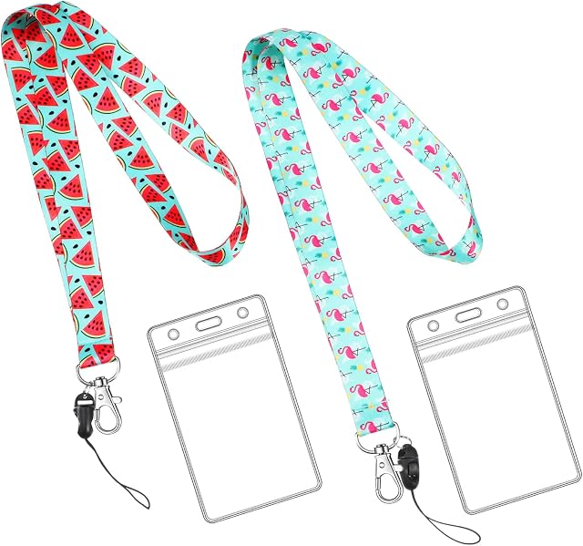 2 Pcs Summer Lanyard Flamingo Watermelon Lanyard with Card Holder Set for Neck Key Holder, Keychain, Phone, Badge Holder, Summer Party for Family, Child