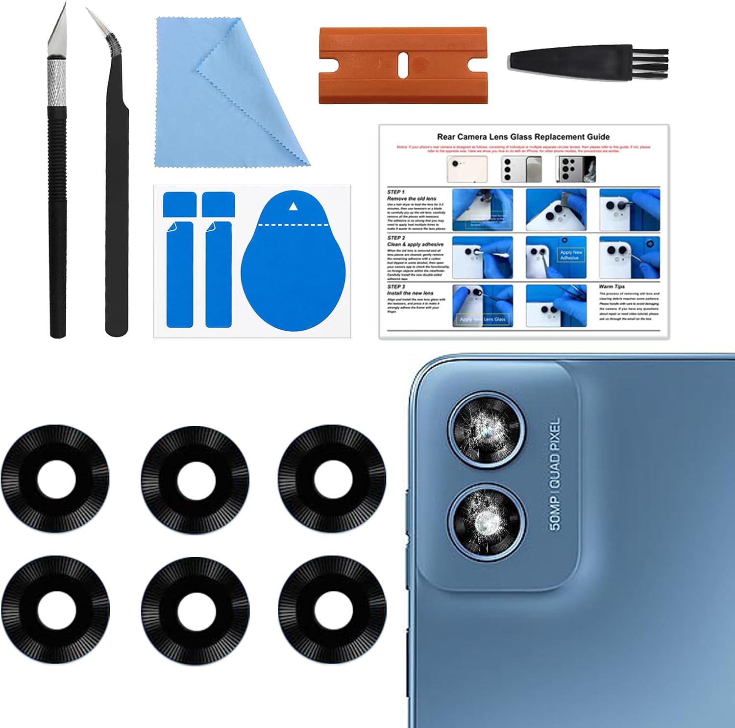 3 Pack for Moto G Play 2024 XT2413 Back Rear Camera Lens Glass Replacement Included Instruction Manual, Toolkit (Black)