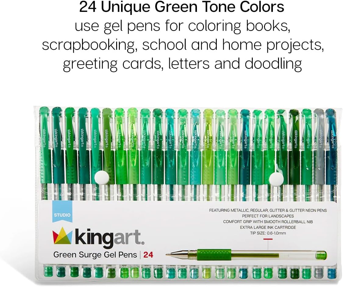 KINGART 400-24G Comfort Grip Gel Pens, Set of 24 Unique Green Tone Colors image 5