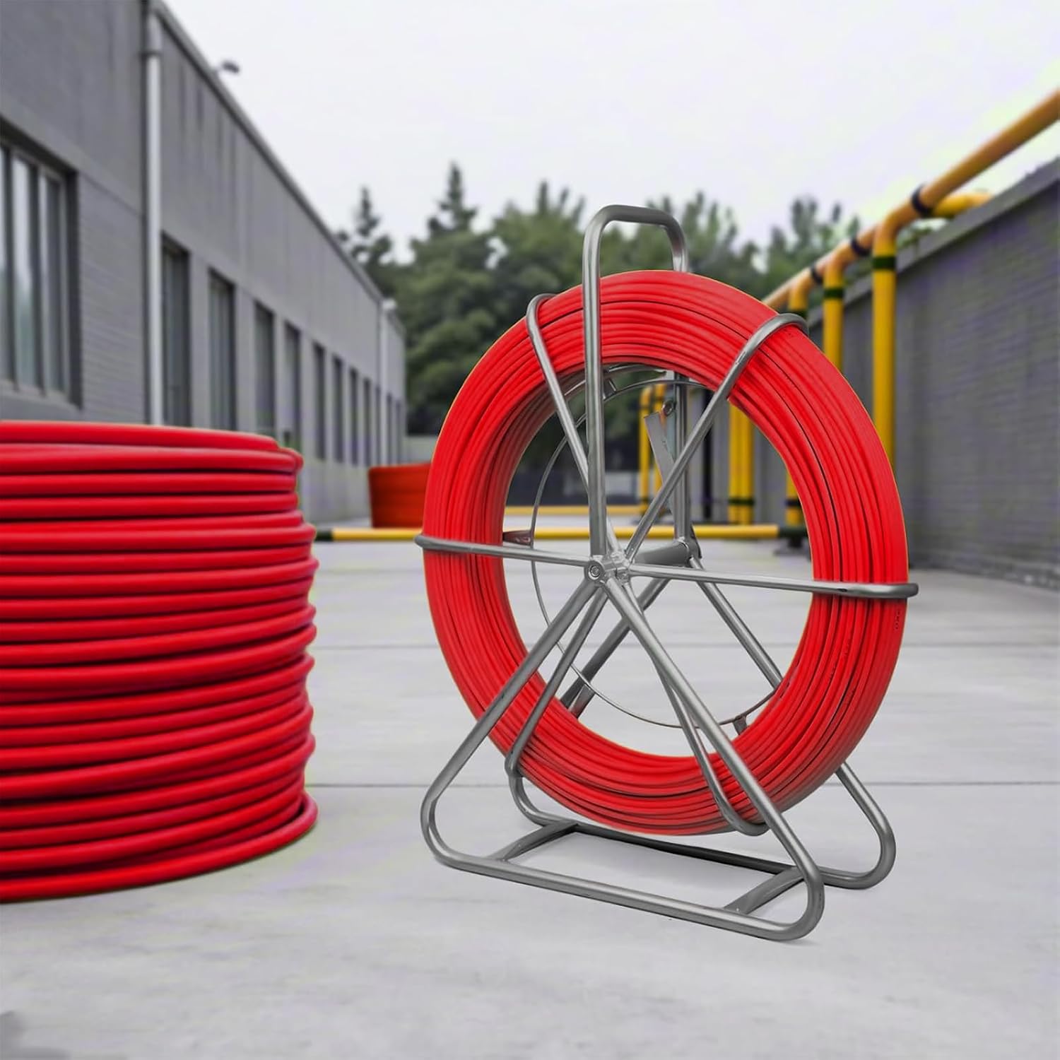 6MM 500FT Duct Rodder, Fiberglass Fish Tape, Heavy-Duty Wire Running Rod with Durable Steel Stand, Fish Tape Cable Puller for Conduit & Electrical Installations