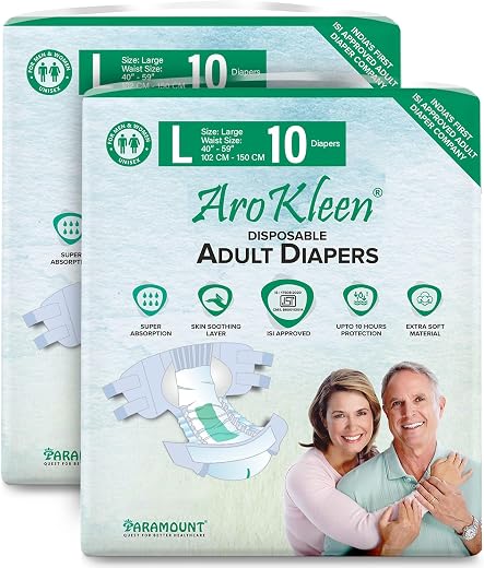 AroKleen (ISI CERTIFIED) Adult Diapers Tape Style | Large (L) Size, 20 Count, Waist Size (102-150cm | 40"-59" inches), Uni...