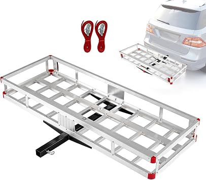 Goplus Hitch Cargo Carrier ، سلة شحن حامل حامل من الألومنيوم بسعة 500 رطل ، تناسب جهاز استقبال 2 ، ناقل شحن 60 &times; 22 &times; 7 مقطورة لشاحنة سيارات الدفع الرباعي