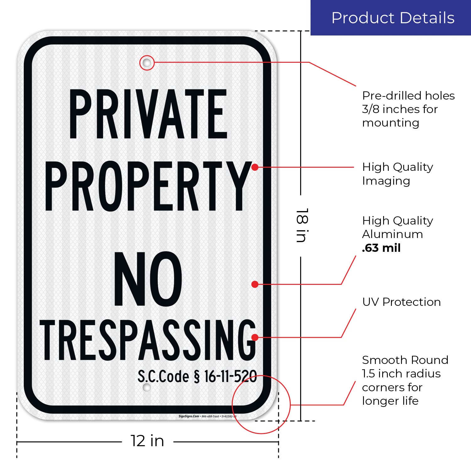 South Carolina Private Property No Trespassing Sign, 12x18 Inches, 3M EGP Reflective .063 Aluminum, Fade Resistant, Made in USA