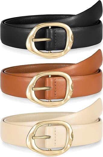 3 Pack Women Belts for Jeans Pants Dresses Ladies Leather Belt Fashion Waist Belt with Liquid Shapes Gold Buckle