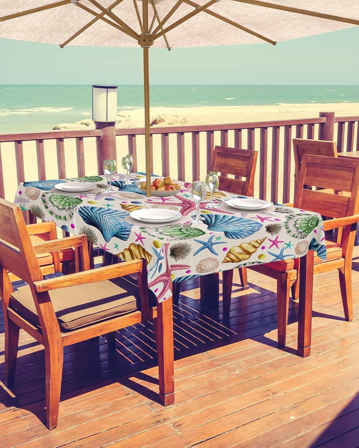 Outdoor Tablecloth with Umbrella Hole and Zipper 52" x 70" Rectangular Summer Ocean Shell Starfish Conch Linen Water Repellant Table Cover Tabletop Collection for Party Patio Picnic