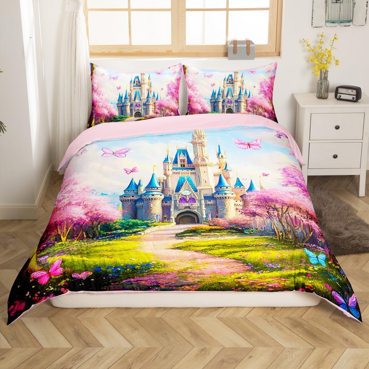 Erosebridal Blue Ribbon Bow Girls Toddler Bedding Set Cute Kawaii Bowknot Kids Comforter Cover Romantic Princess Bow Duvet Cover Dreamy Starry Sky Pink Glitter Black Quilt Cover
