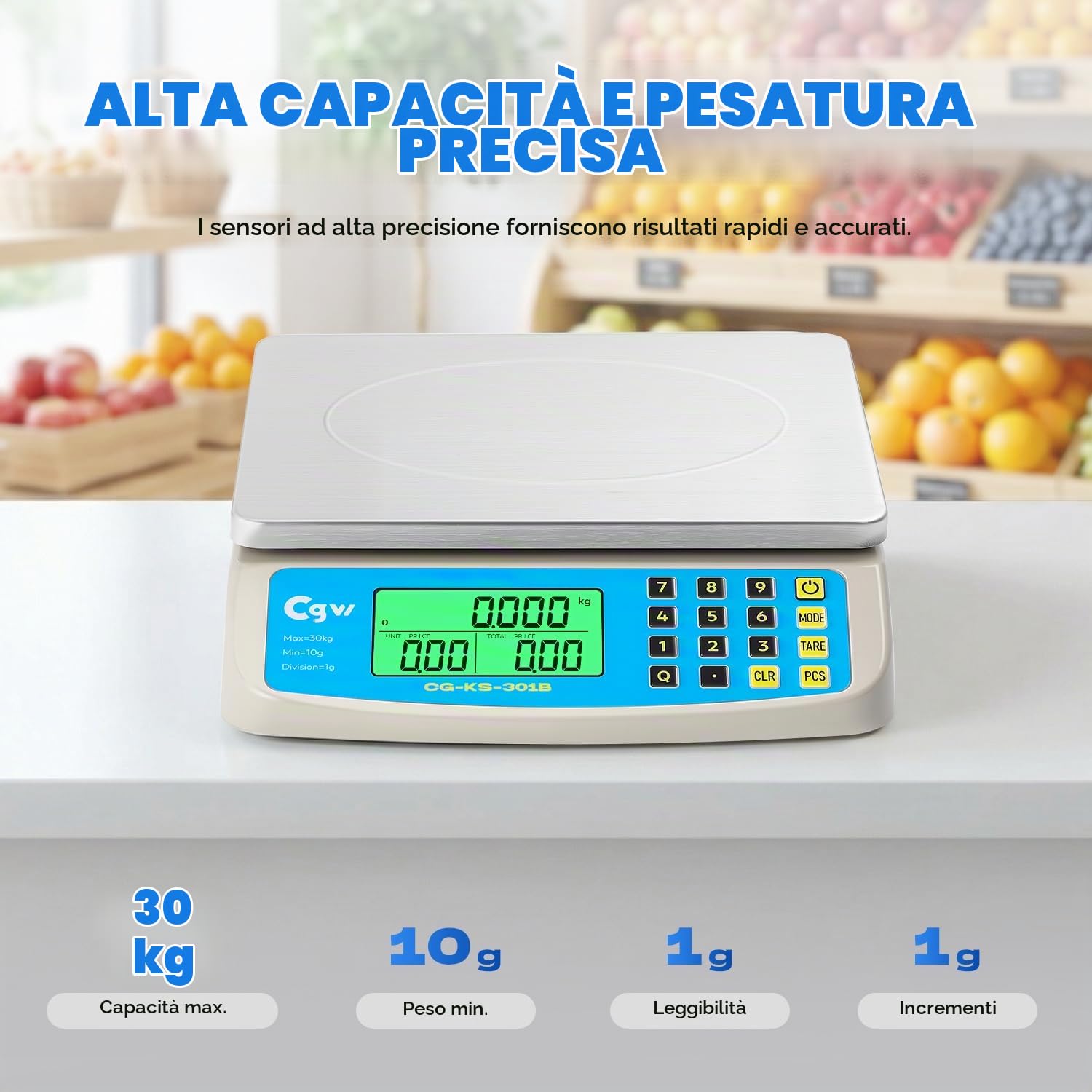 CGOLDENWALL Bilancia Cucina Digitale 30kg/1g, Bilancia Professionale con Calcolo Prezzi, Piatto Inox Grande, Display LCD, Conversione KG/LB/OZ e Doppia Alimentazione, per Ristorante, Pasticceria, Casa