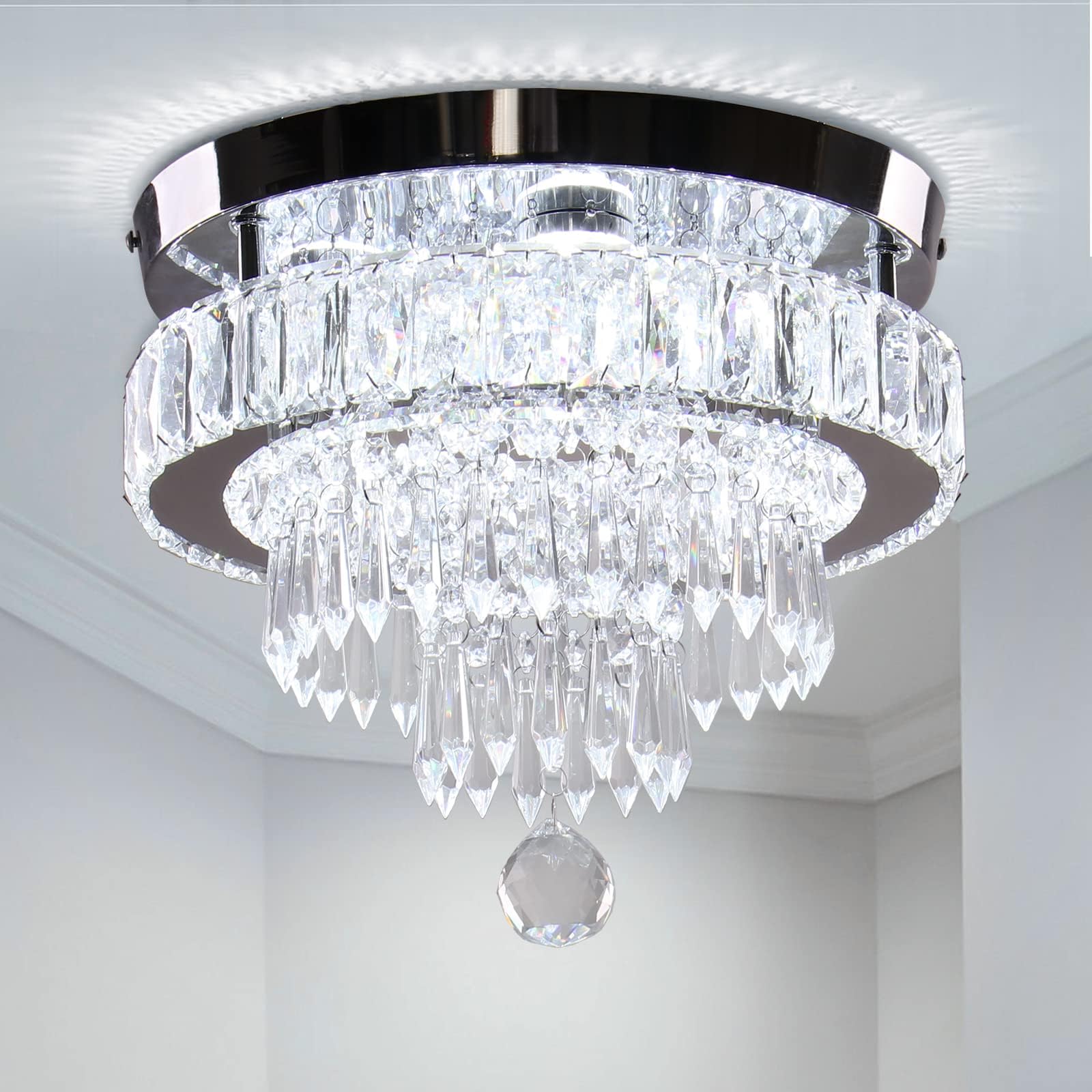 11.8" Crystal Pendant Light LED Crystal Recessed Ceiling Light Modern Pendant Light for Bedroom Dining Room Hallway (6500K Cool White)