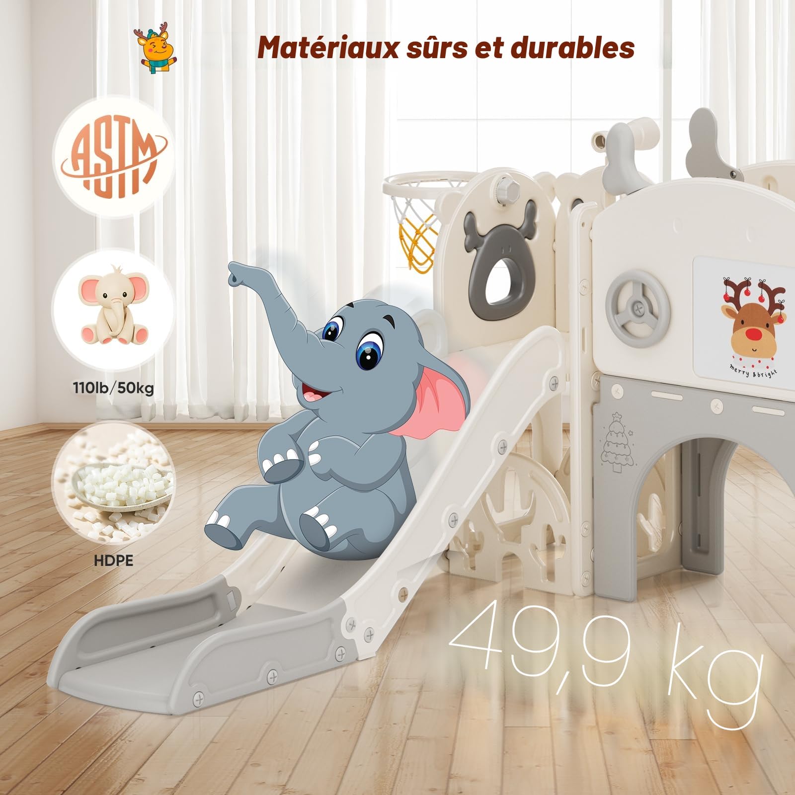 Toboggan pour Tout-Petits sur Le thème de l'élan de Noël de Krovtoy, Toboggan pour Tout-Petits Autonome avec Ensemble de Golf, pour Une Utilisation intérieure/extérieure (Beige Gris- 6 en 1)