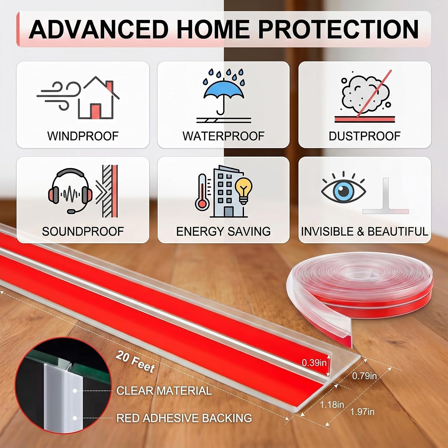 20FT T-Type Clear Weather Stripping, 1.97" Wide Silicone Door Seal Strip, Heavy Duty T-Slot Door Gasket, Sound-Reducing & Windproof Draft Stopper, Discreet Gap Blocker for Doors and Windows