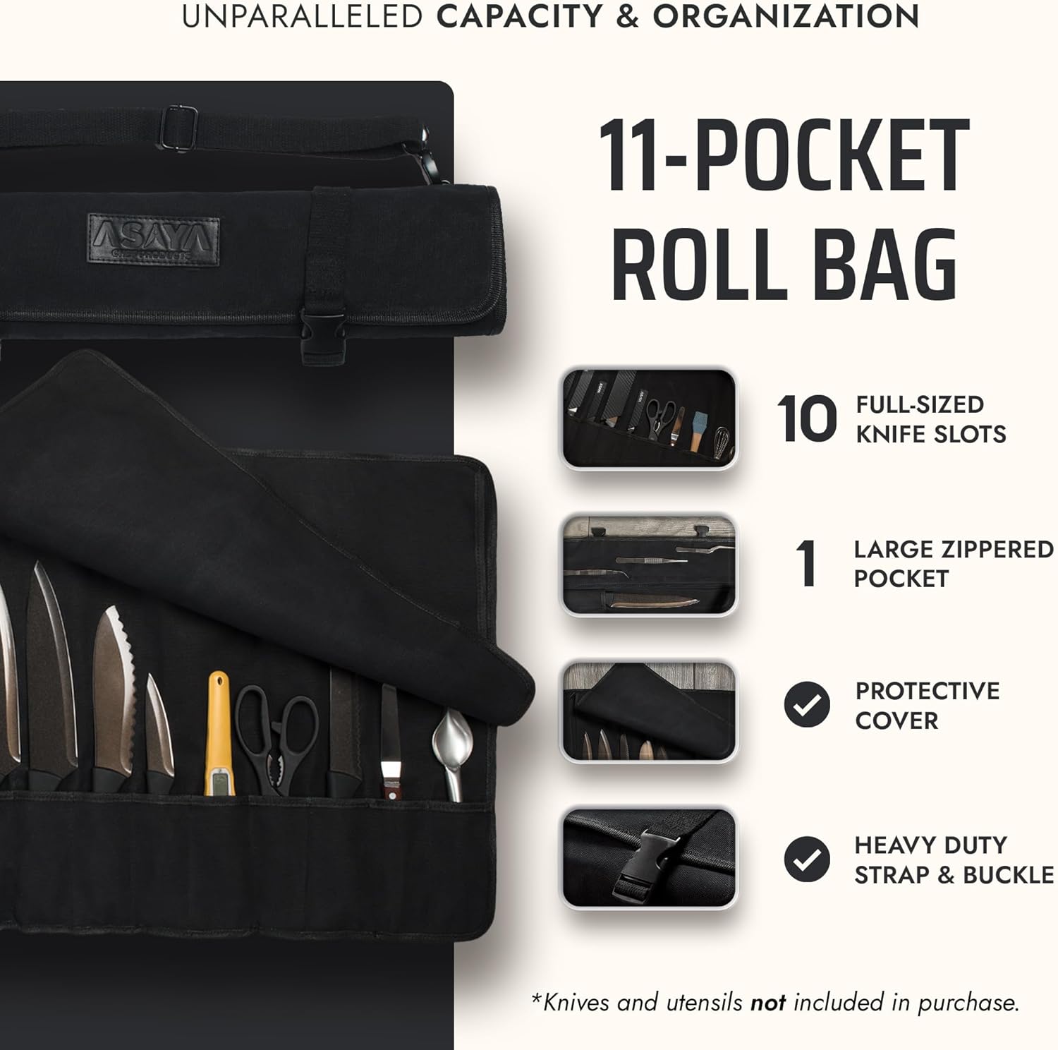 Asaya Waxed Canvas Chef Knife Roll Bag with 10 Slots and a Zipper Pocket - Professional Chef Knife Bag & Storage Case, with Shoulder Strap - Knives Not Included (Black)