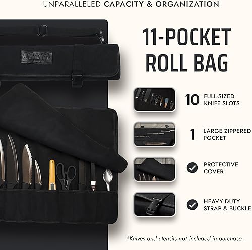 Miniatura 2 de Asaya Canvas Chef Knife Roll Bag - 10 Knife Slots and a Large Zipper Pocket - Durable 10oz Canvas Knife Case with an Adjustable Shoulder Strap