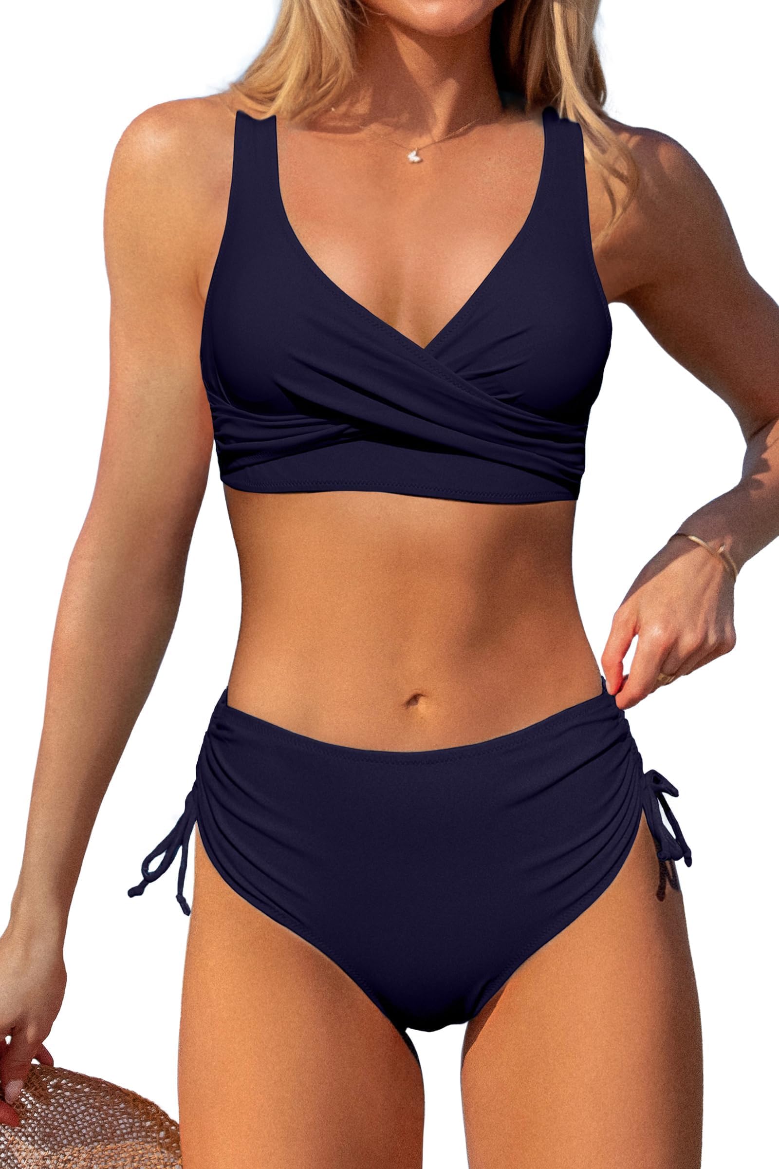 Women's High Waisted Bikini Twist Front Tie Back 2 Piece Swimsuit Solid Color Swimwear Plus Size