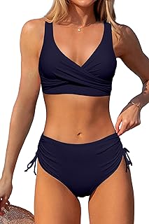 MAIABLEAU Women's High Waisted Bikini Twist Front Tie Back 2 Piece Swimsuit Solid Color Swimwear Plus Size