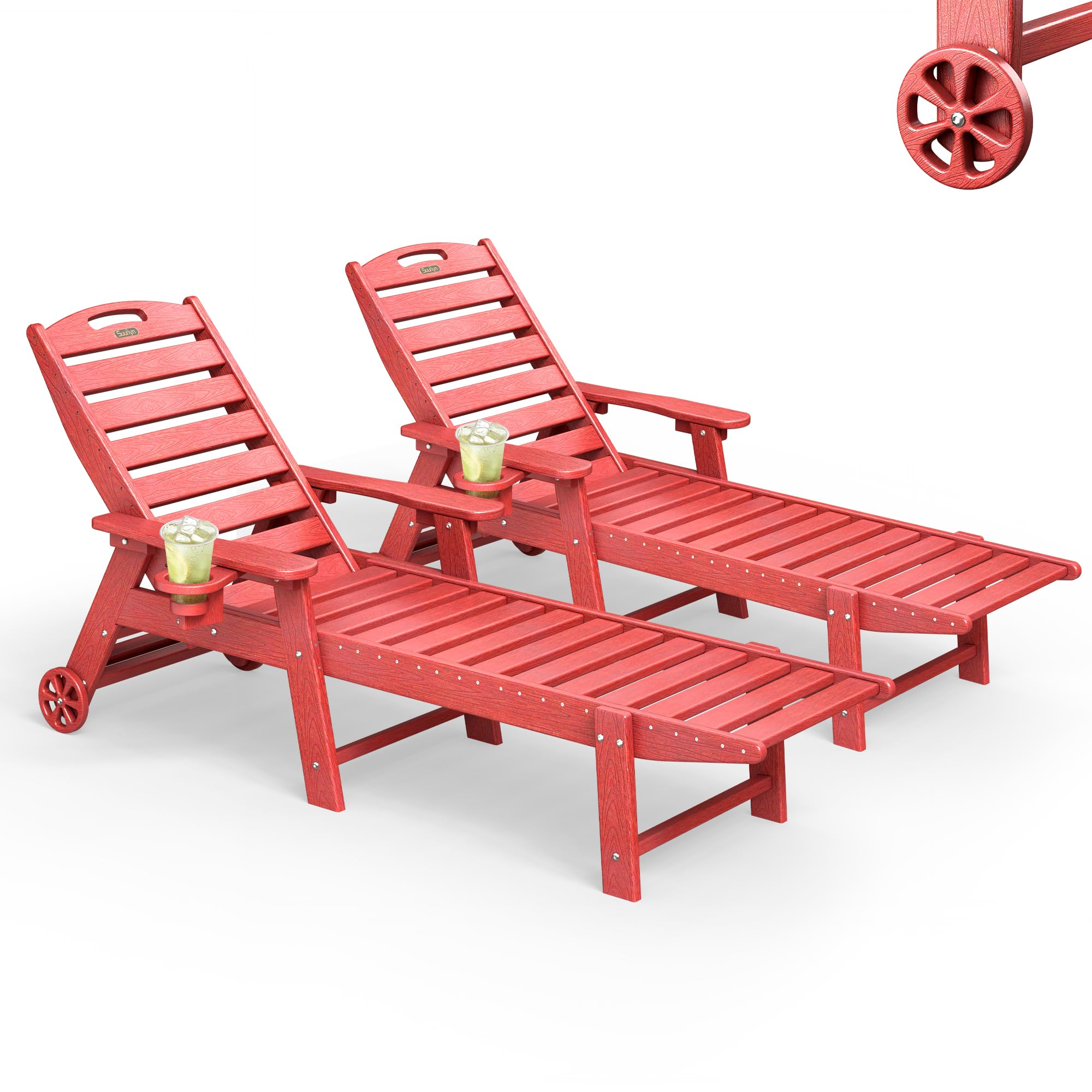 SUUNYN Lounge Chair Outdoor Set of 2, HDPE Chaise Lounge Outdoor, Pool Lounge Chair for Pool Poolside Deck Backyard Patio, Red