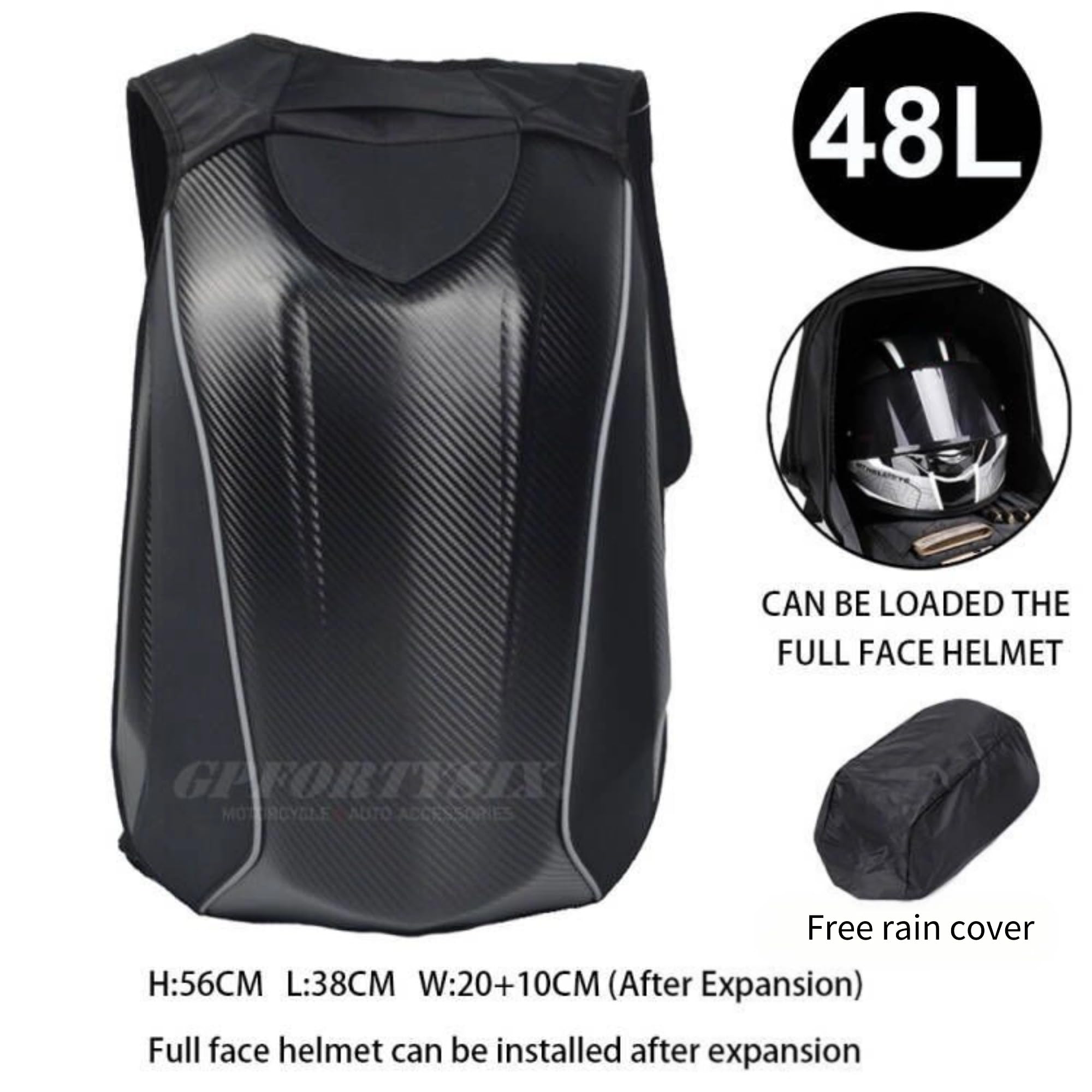 Mochila para moto de alta capacidad con carcasa rígida de fibra de carbono, compartimento dedicado para casco, extensible 30-48L, multibolsillos, para viajes y uso diario