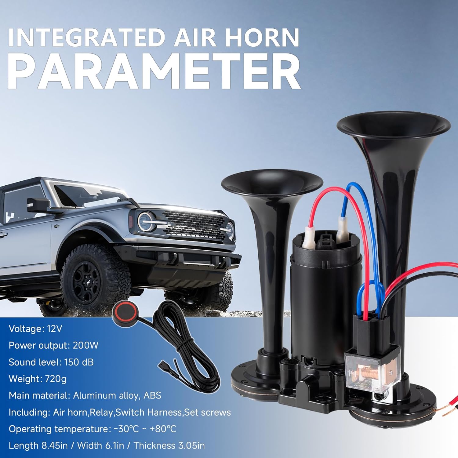 Car Horn 12V Universal Air Horns for Train Truck 150dB Super Loud Dual Trumpets With Compressor kit for Any 12V Vehicles