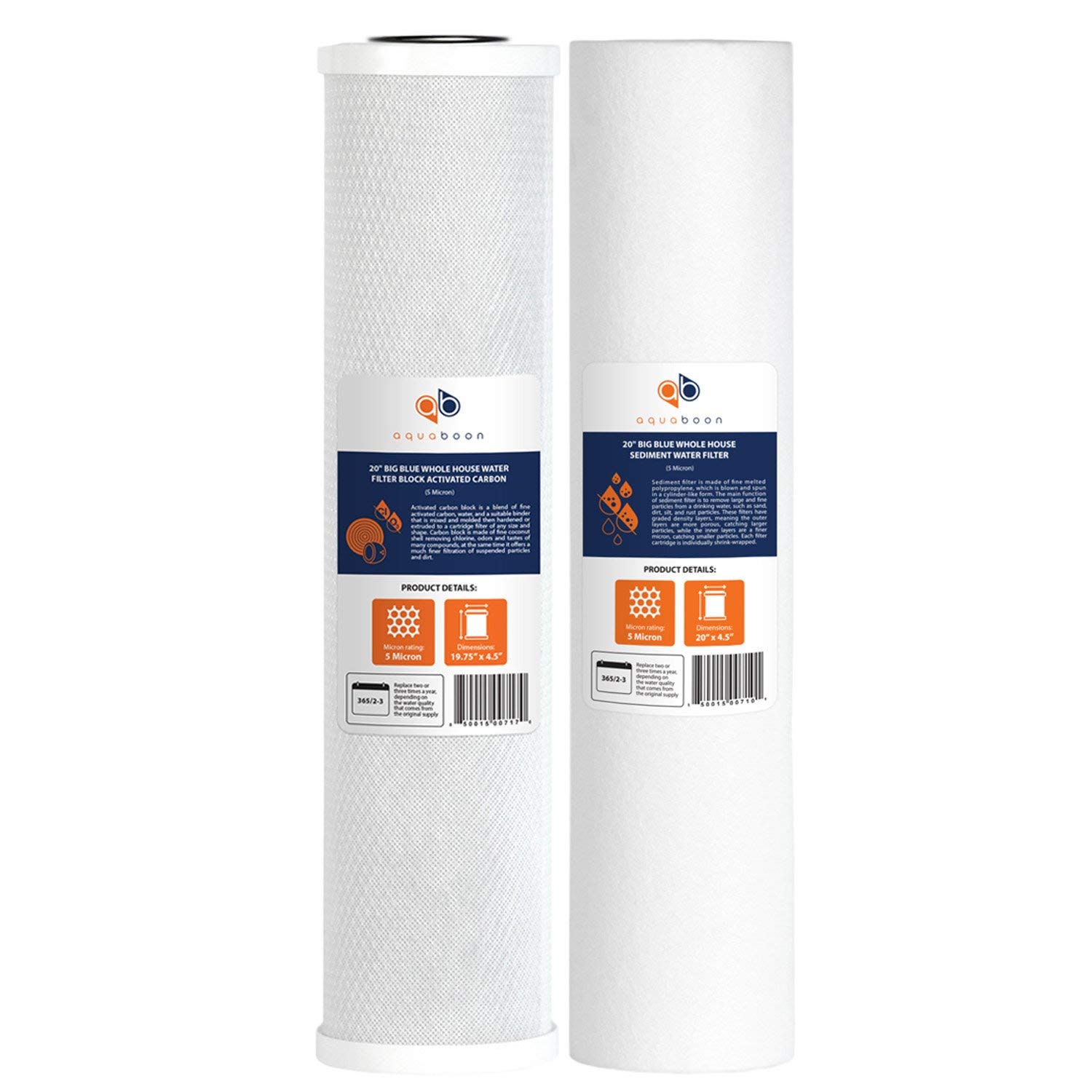 aquaboon5 Micron BB 20" x 4.5" CTO Carbon Block & Sediment Replacement Filter Cartridges Set | 1 set, 2 packs FC25BX4, 32-450-20-GREEN, EP20-BB, 2C-20BB, 155358-43, DGD-5005-20, 33003117-1