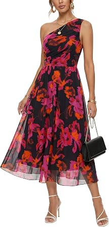 Womens One Shoulder Midi Floral Dress Sleeveless Asymmetric Dress
