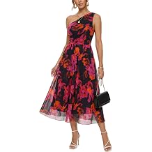Womens One Shoulder Midi Floral Dress Sleeveless Asymmetric Dress