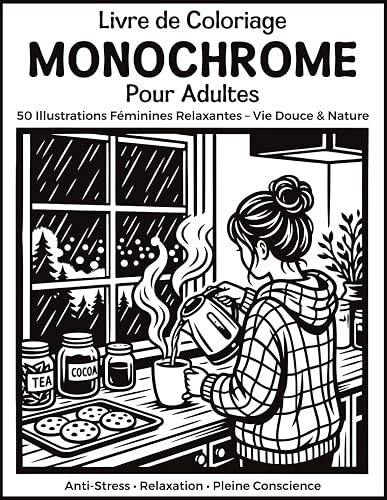 Livre de Coloriage Monochrome pour Adultes: 50 Illustrations Fém 